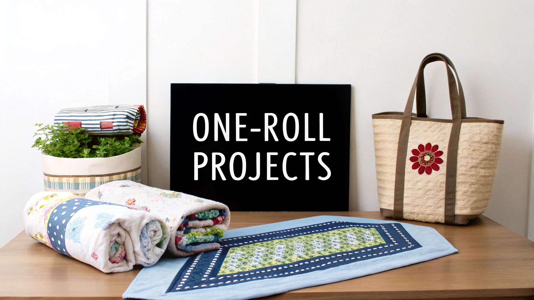 A collection of handmade quilted items and crafts, featuring a sign 'ONE-ROLL PROJECTS'.
