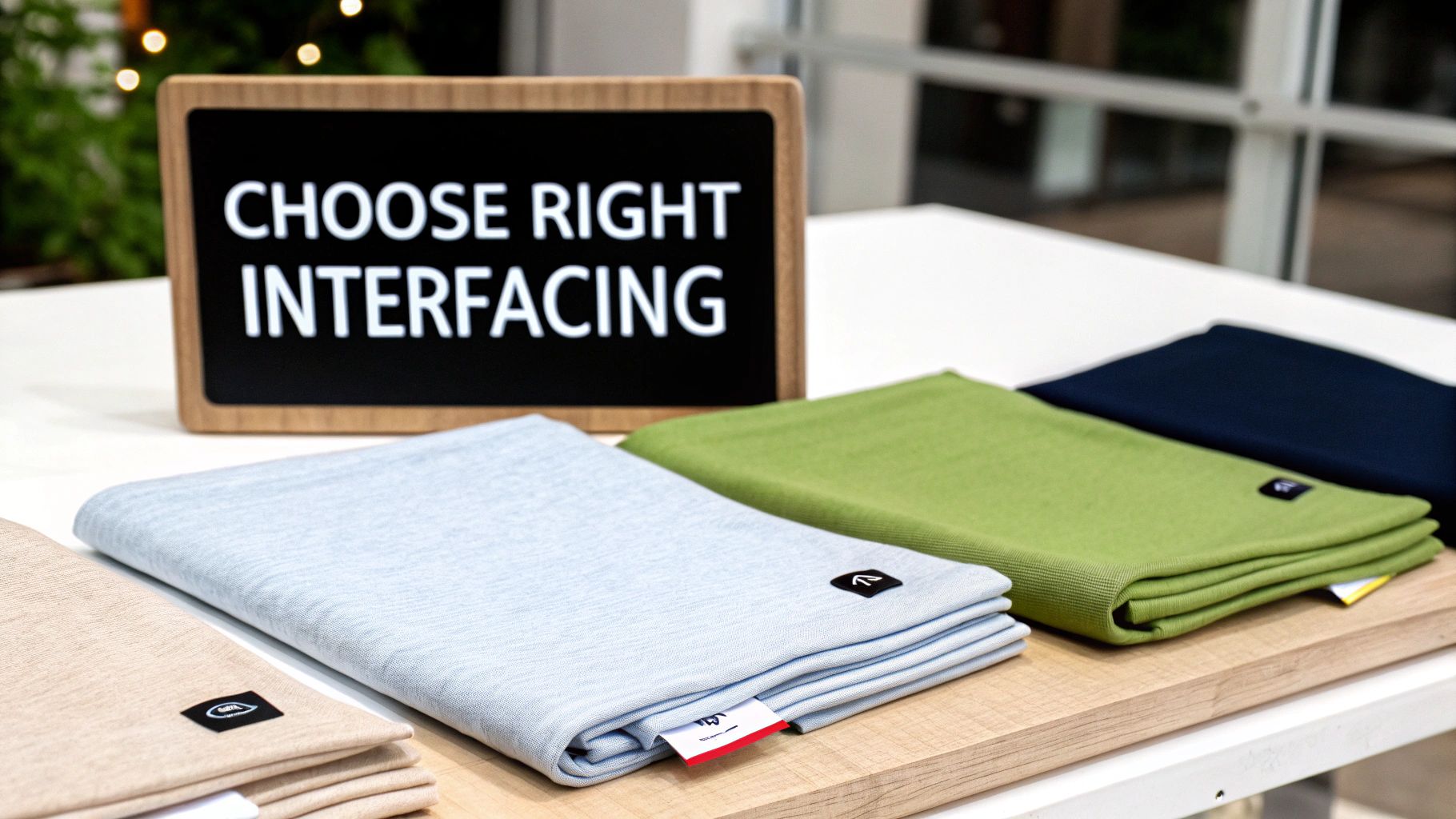 A collection of different types of fusible interfacing rolls in various weights and colors.