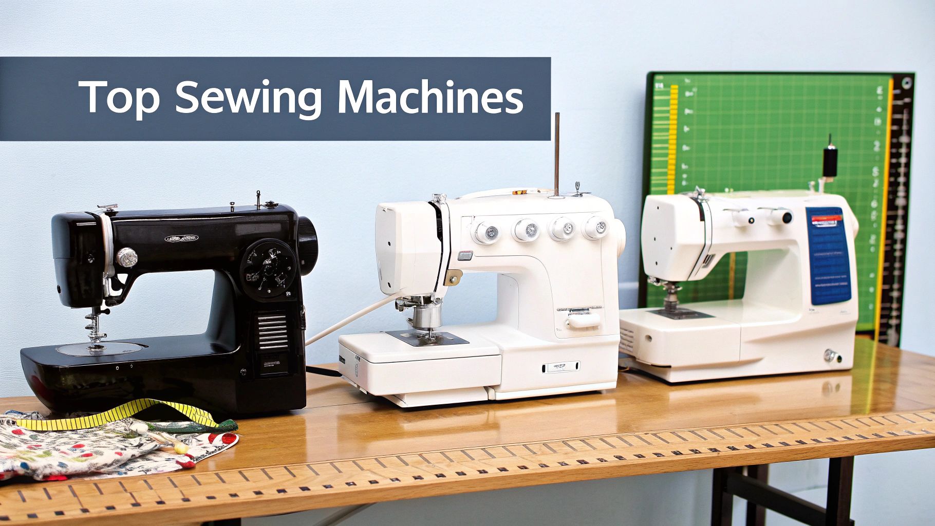 A curated selection of modern sewing machines suitable for quilting displayed in a bright, clean setting.