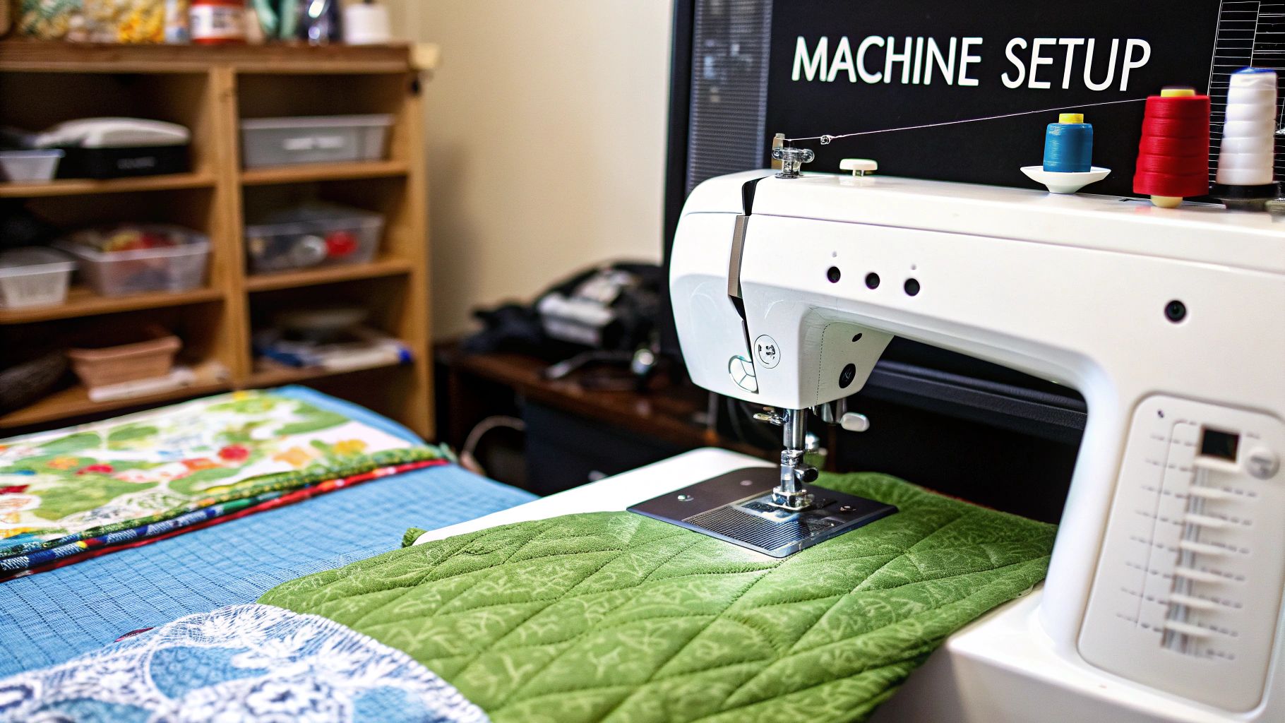 A white sewing machine is actively quilting green fabric, with colorful threads and a "MACHINE SETUP" screen in the background.