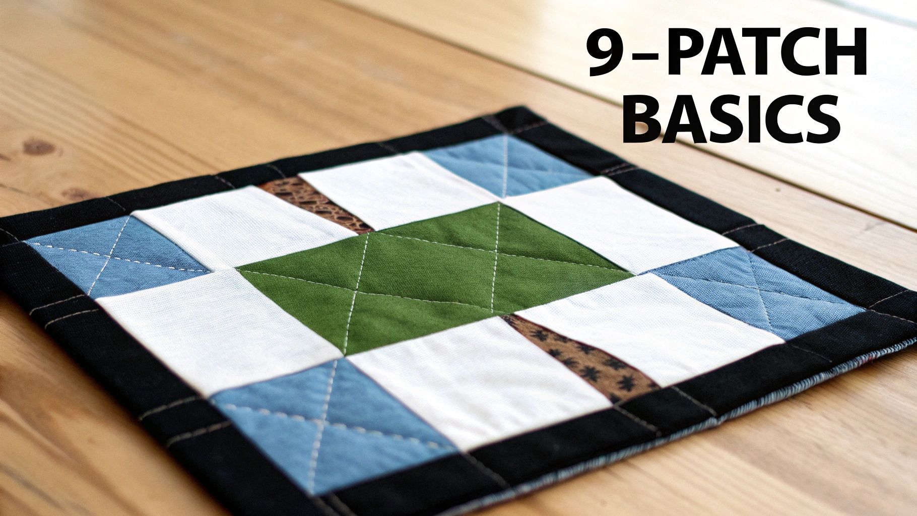 A colorful 9-patch quilted block, featuring green, blue, white, and brown fabrics, on a wooden table.