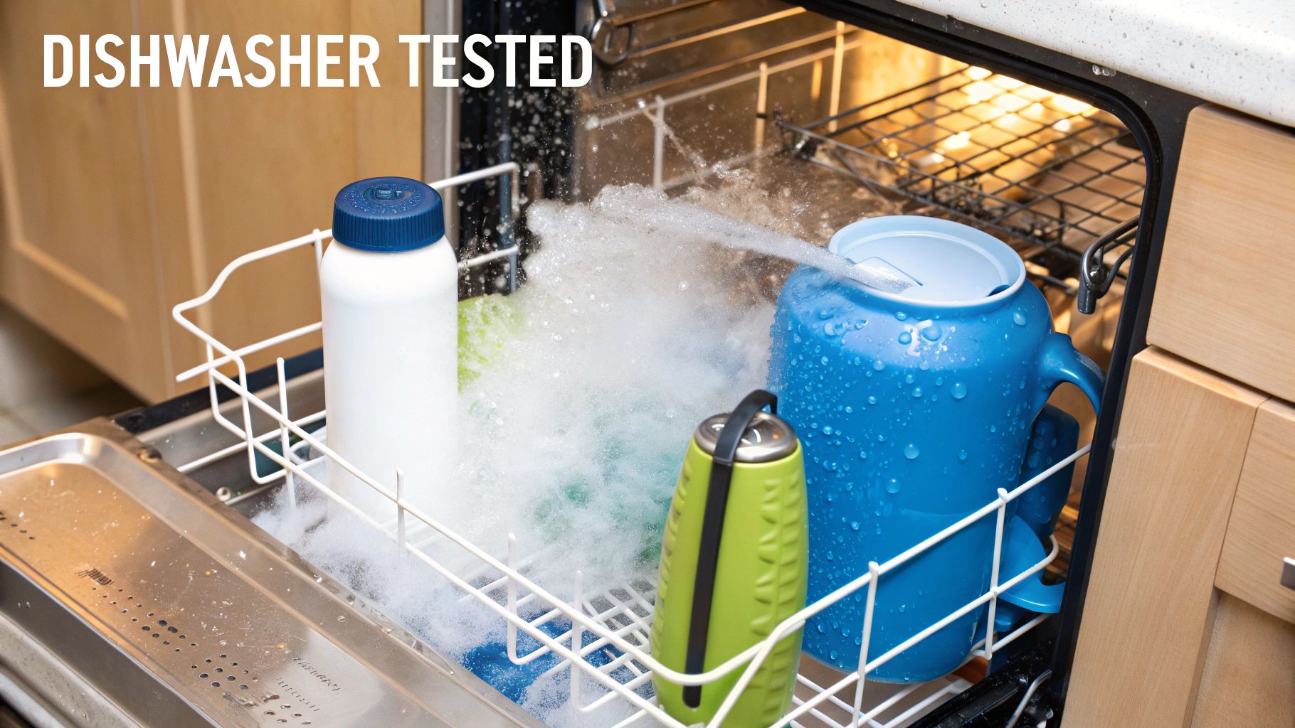 Dishwasher actively washing various kitchen items, including bottles and a jug, with 'DISHWASHER TESTED' overlay.