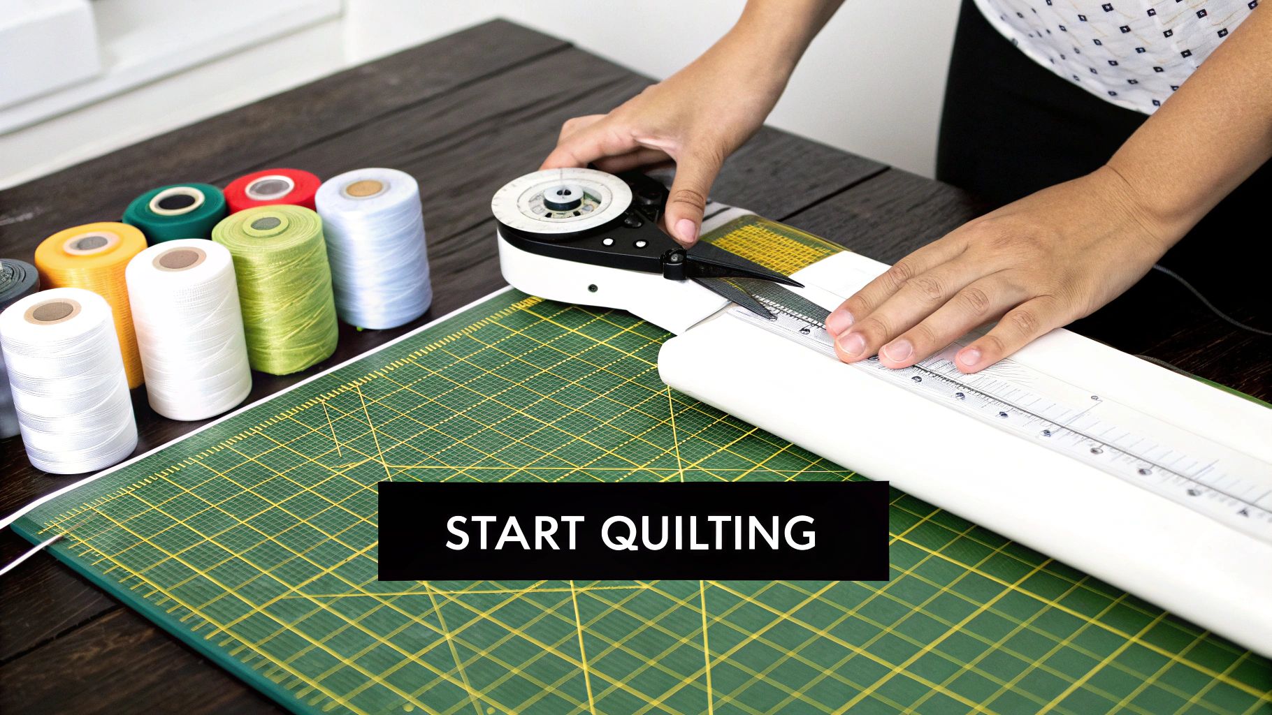 Hands using a rotary cutter on a green self-healing mat with colorful thread spools nearby. Text: START QUILTING.