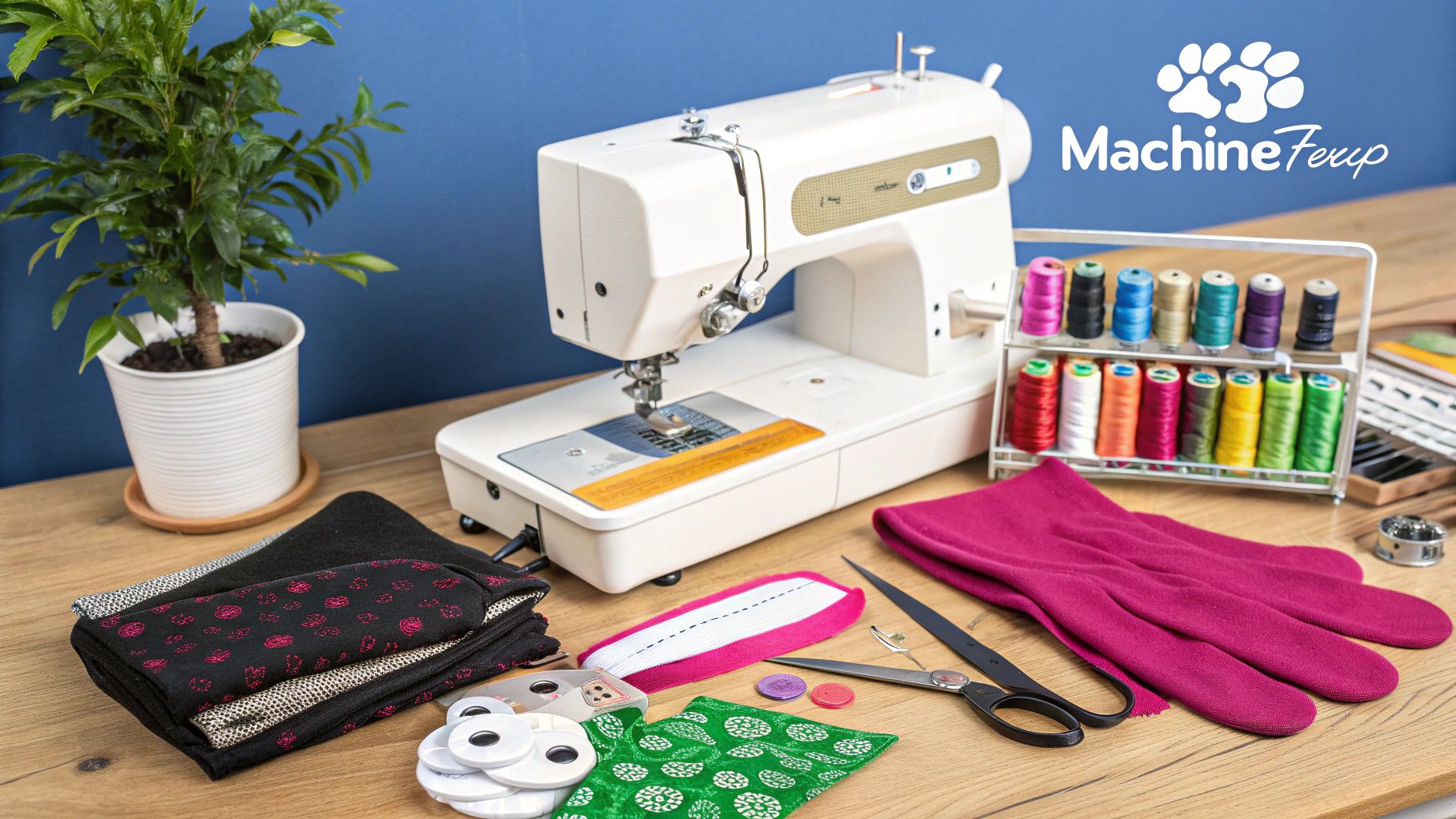 A close-up of a sewing machine being set up for free motion quilting, showing a darning foot and quilting gloves.