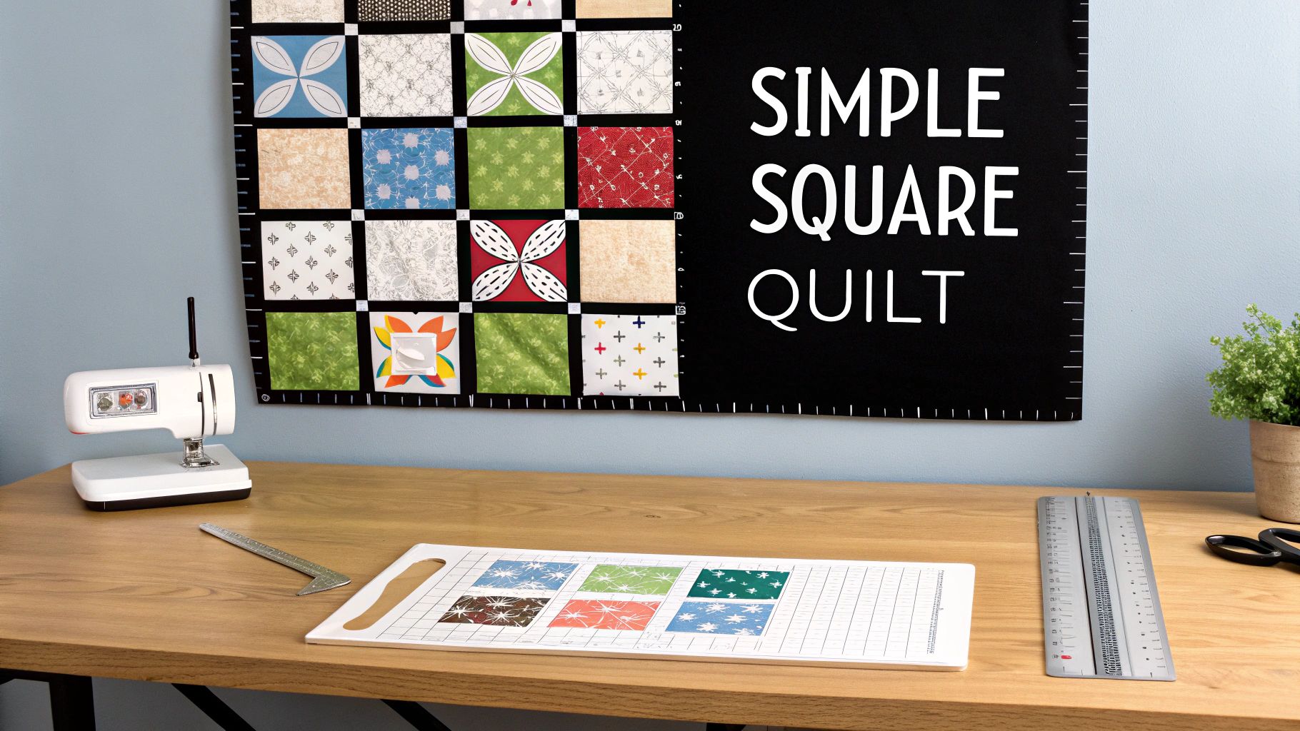 A wooden crafting table featuring a sewing machine, rulers, fabric squares, and a 'Simple Square Quilt' hanging.