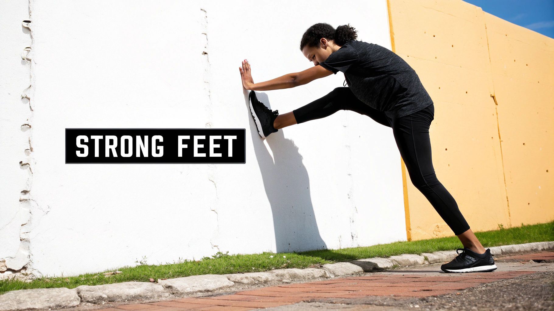 A person in black activewear stretches their leg against a white wall with the text 'STRONG FEET'.