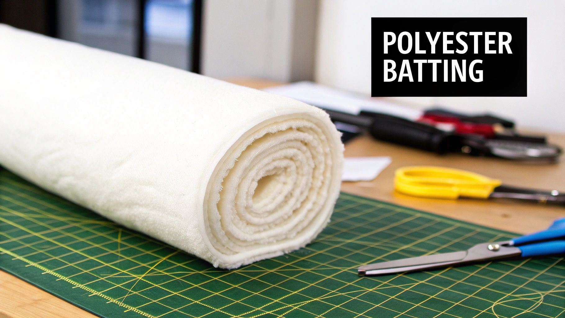 A large roll of white polyester batting lies on a green cutting mat with crafting tools.