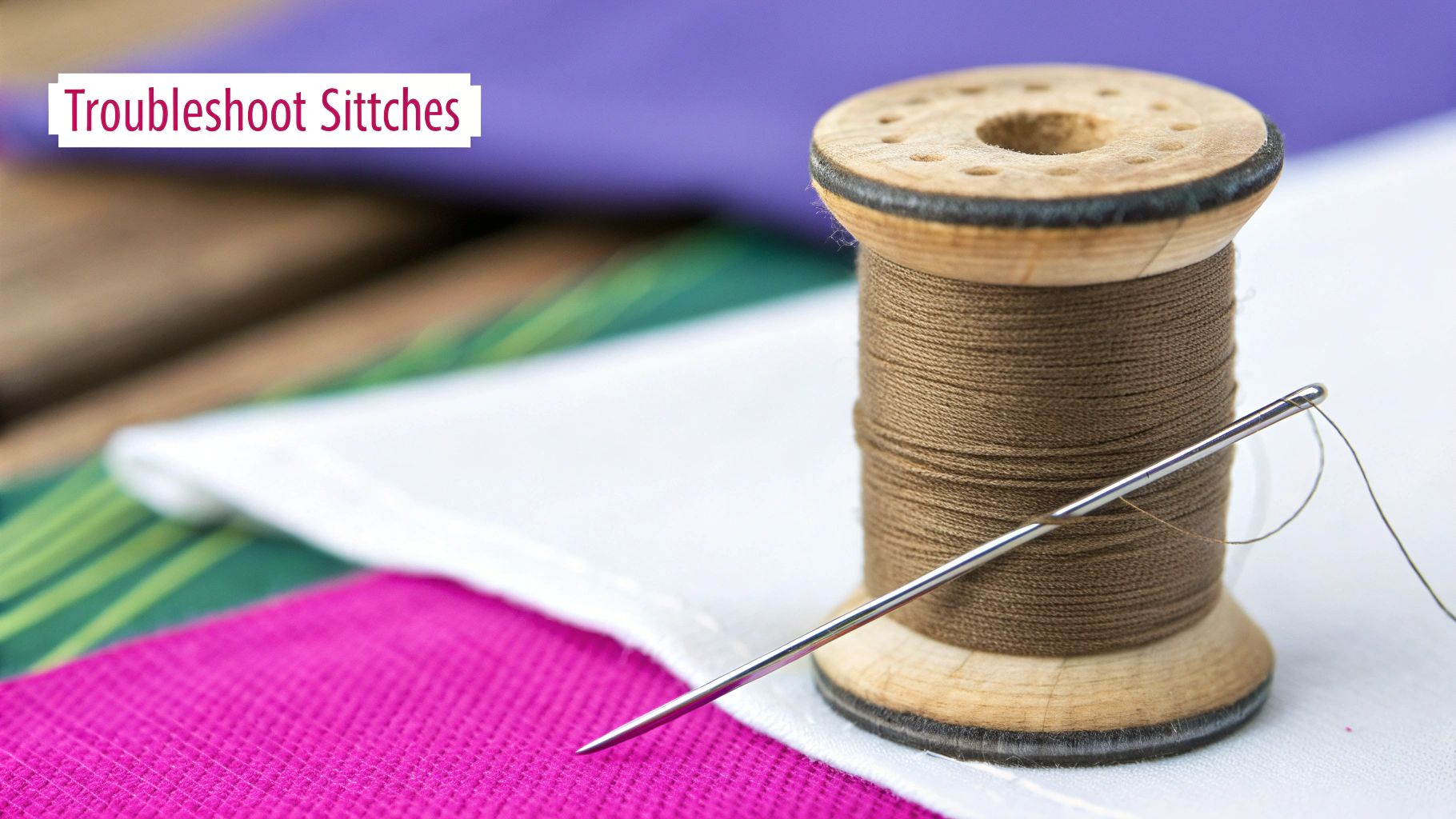 A close-up of a sewing machine needle, thread, and presser foot on a piece of patterned fabric.