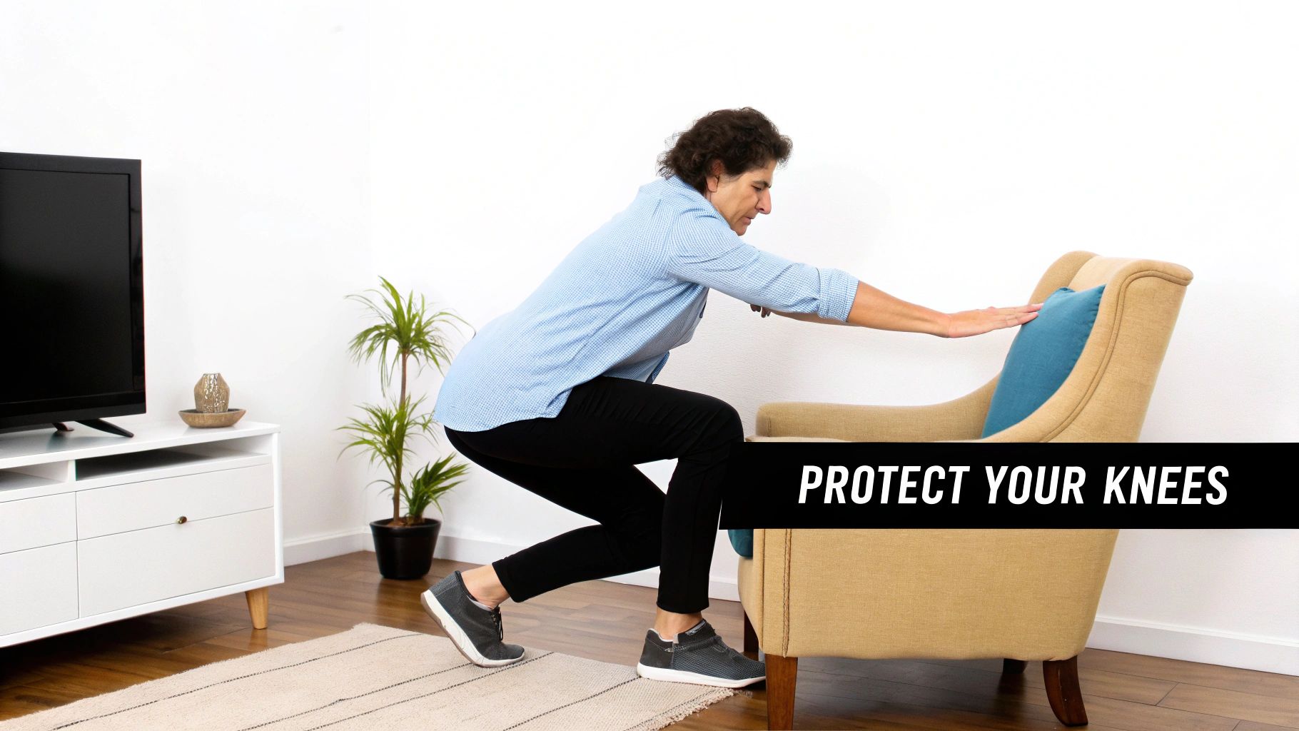 A person doing a supported squat exercise with hands on a chair to protect their knees.