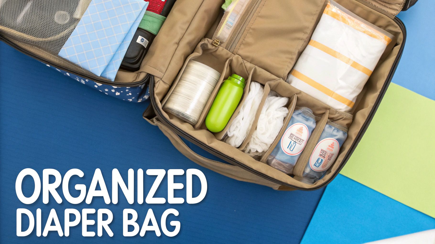 An overhead view of an open, organized diaper bag filled with various baby essentials and supplies.