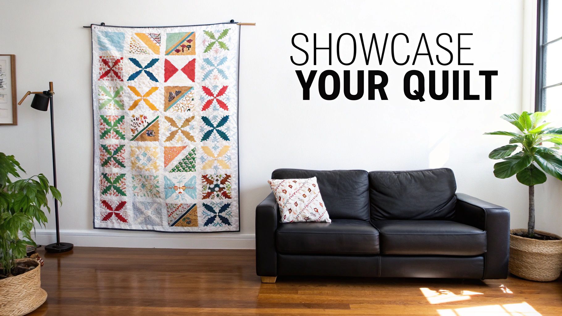 A beautifully patterned quilt hanging on a white wall above a wooden bench, showcasing it as a piece of art.