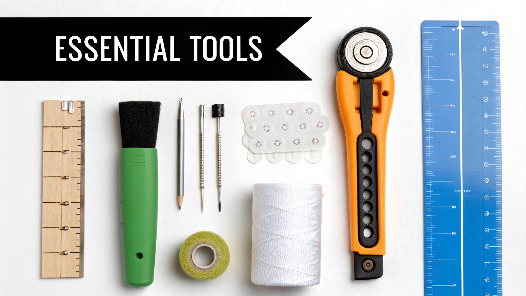 A flat lay of various essential crafting tools, including a rotary cutter, rulers, brushes, and thread.