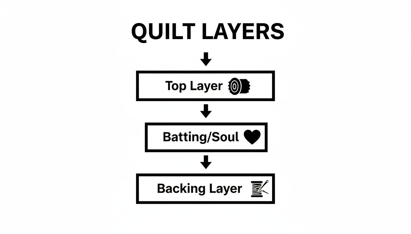 Diagram illustrating the three essential layers of a quilt: top layer, batting, and backing layer.