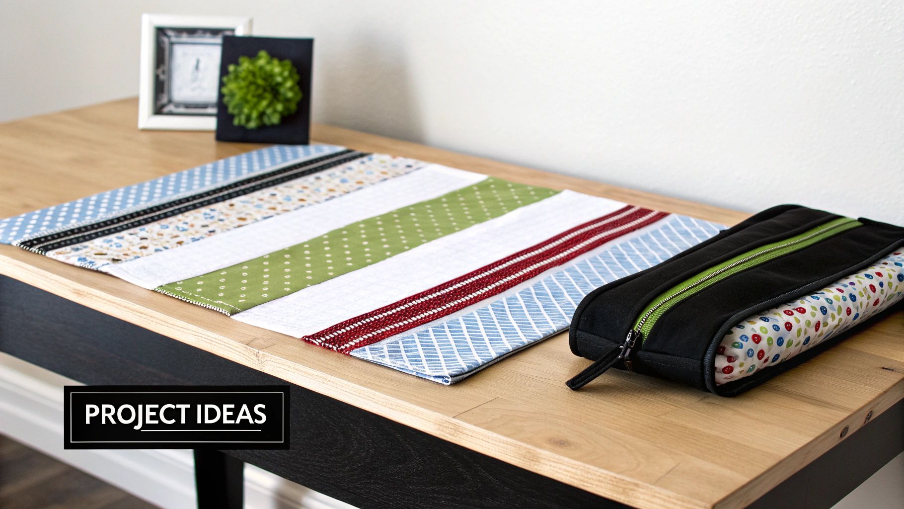 A creative table runner made from colorful fabric strips next to a black zippered pouch on a wooden table.