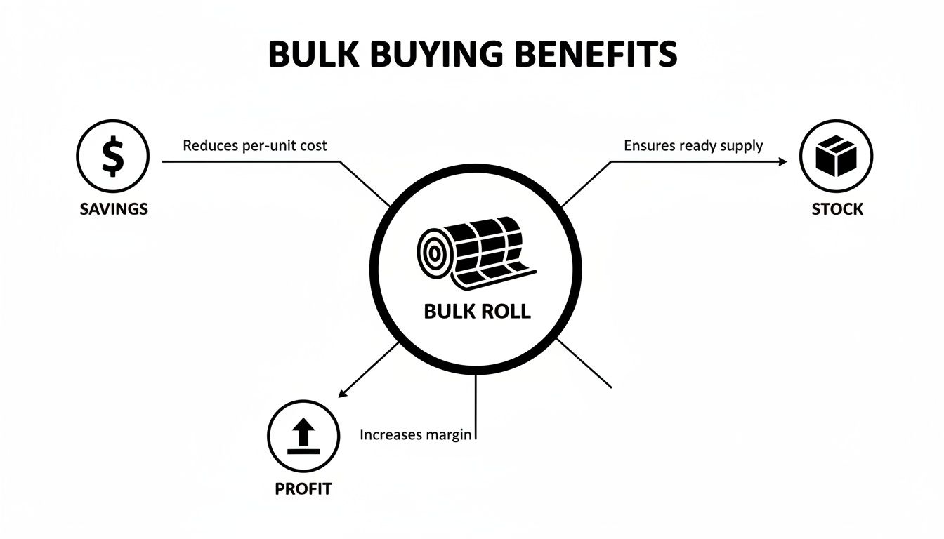 An infographic showing the benefits of bulk buying, including savings, ready supply, and increased profit.