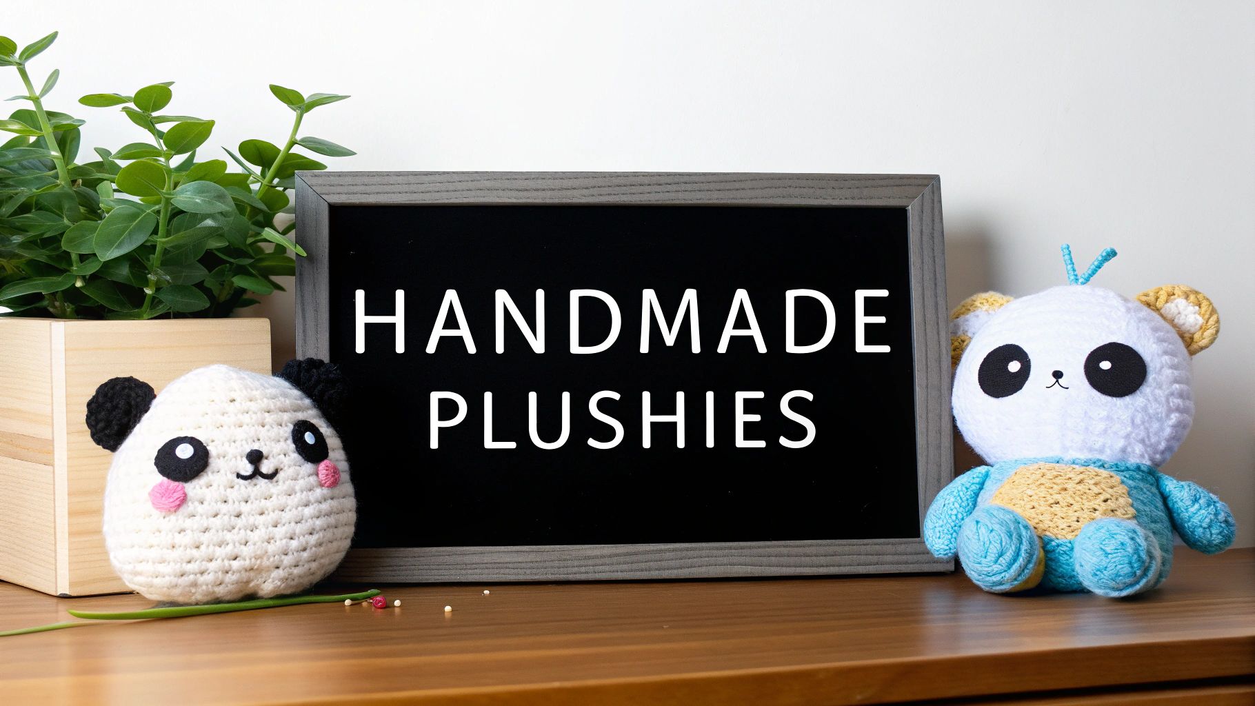 Two cute crocheted panda and bear plushies next to a black letter board displaying "HANDMADE PLUSHIES".