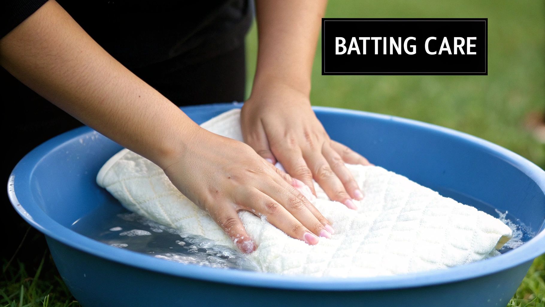 A person's hands smoothly layering quilt fabric over batting.