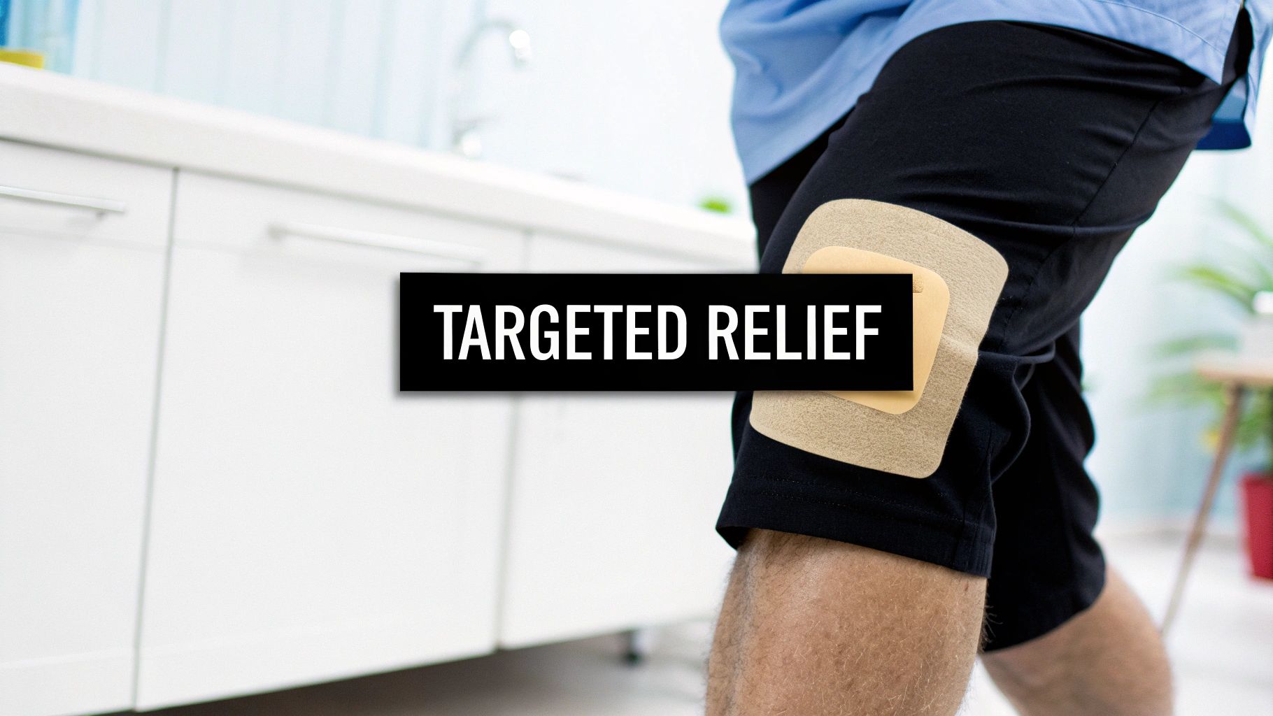 Person's leg with a beige pain relief patch on the thigh, symbolizing targeted relief.