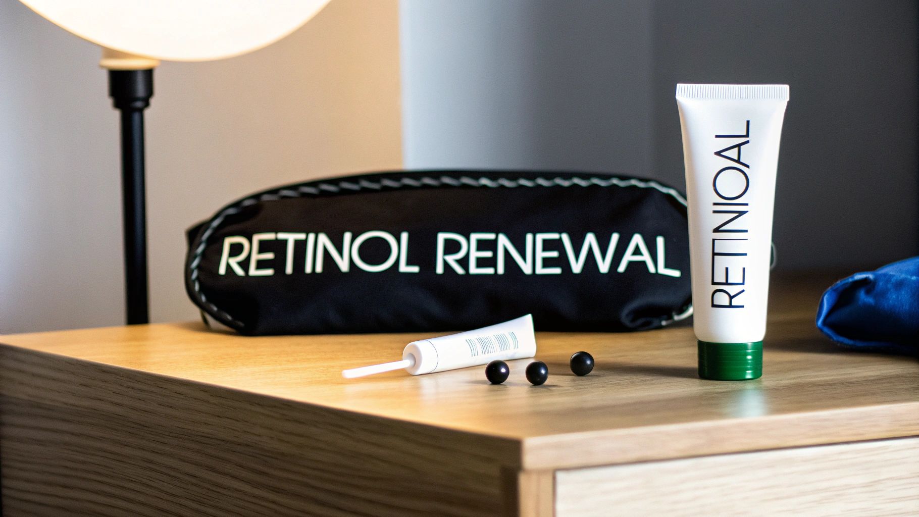 A black pouch and white tubes of retinol skincare products arranged on a wooden table.