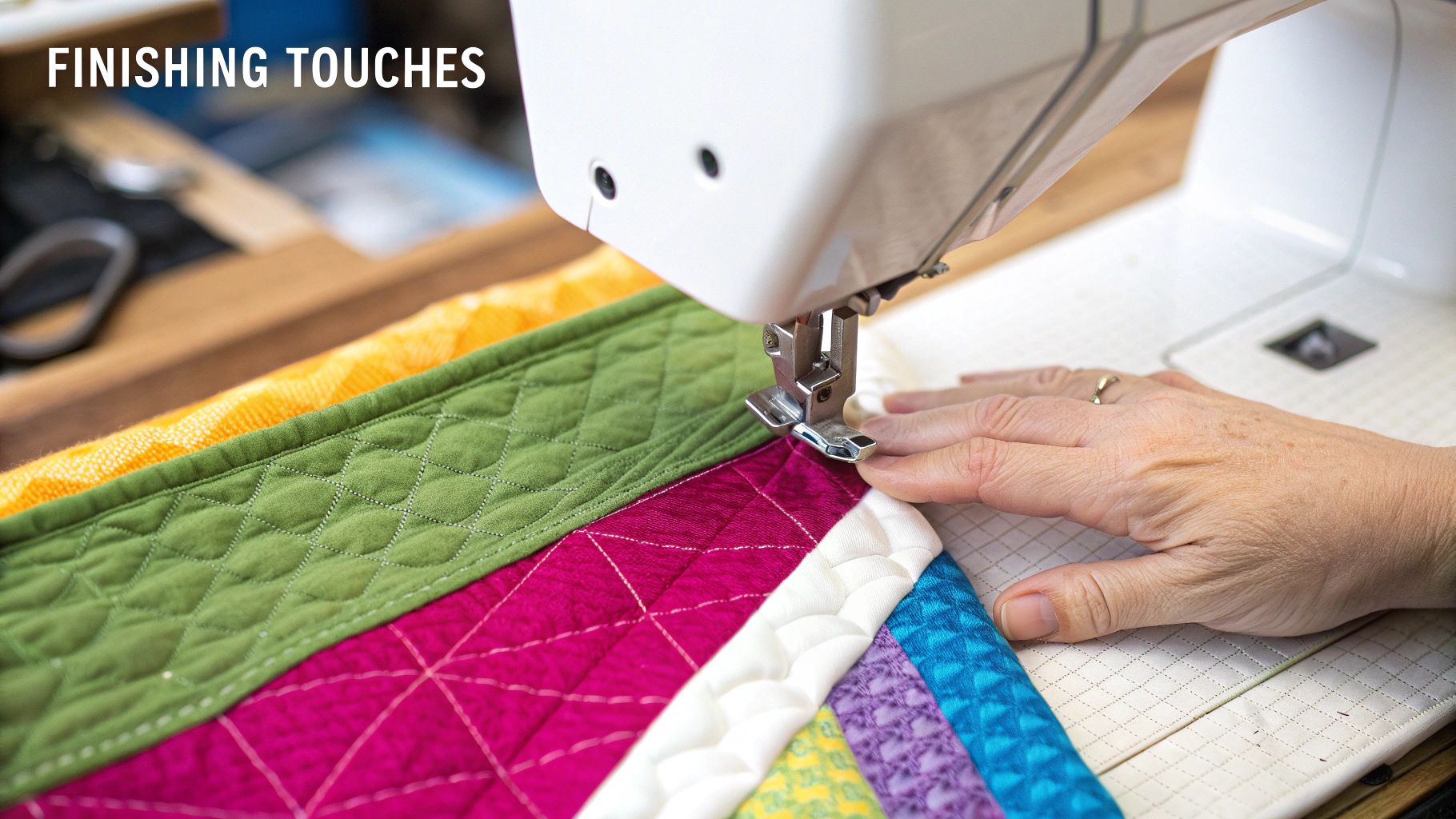 A stack of neatly folded, colorful quilted fabrics on a wooden shelf.