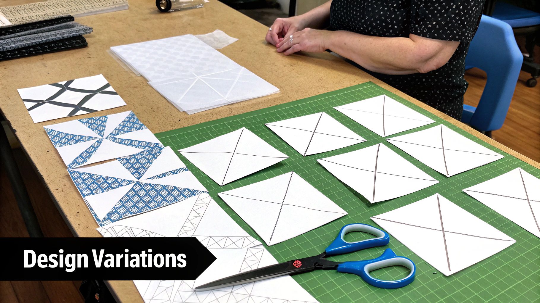 A workspace with various paper patterns, fabric, scissors, and a person's hands, illustrating design variations.