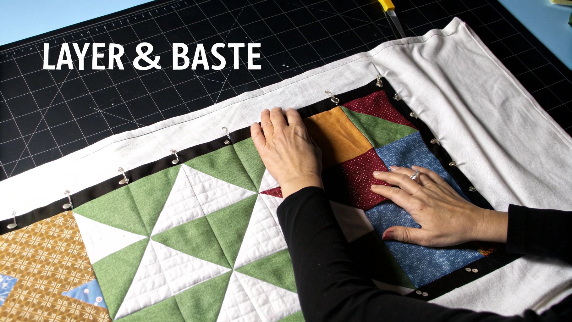 Hands layer and baste a colorful quilt top with safety pins on a black cutting mat.