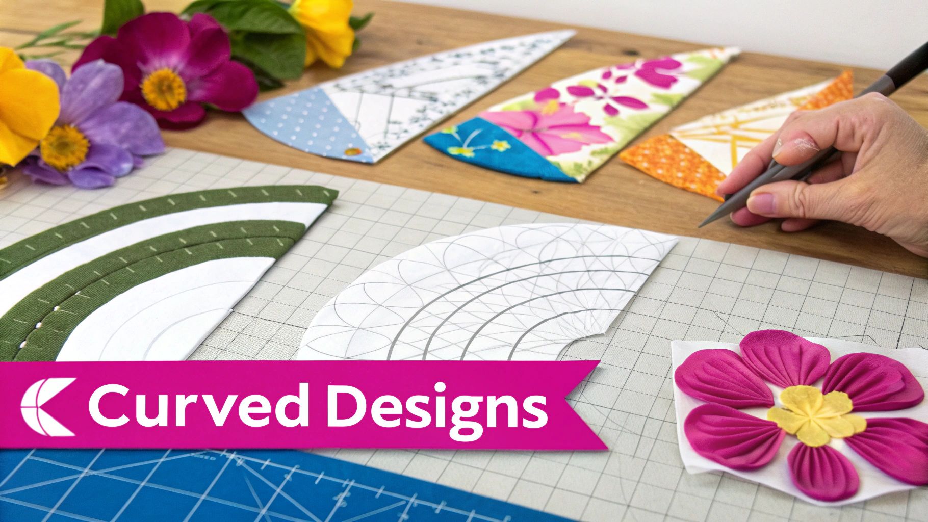 A detailed shot of a Dresden Plate quilt block in progress, showing the wedge-shaped fabric pieces arranged in a circle.