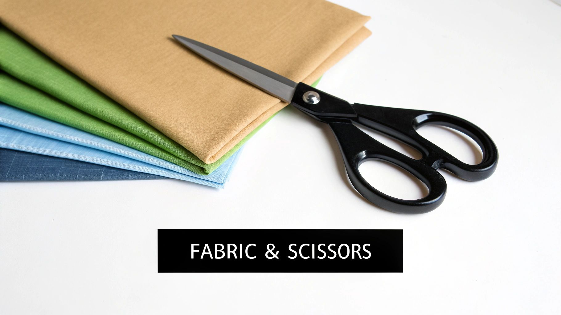 A collection of measuring tools like a flexible tape measure and an acrylic ruler, alongside marking tools like tailor's chalk and a fabric pen.