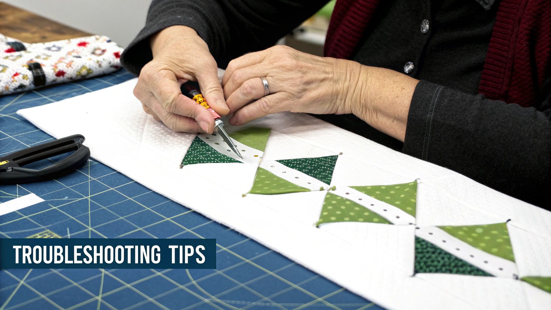 Hands carefully adjust small green and white fabric pieces on a paper piecing quilt project with a tool.
