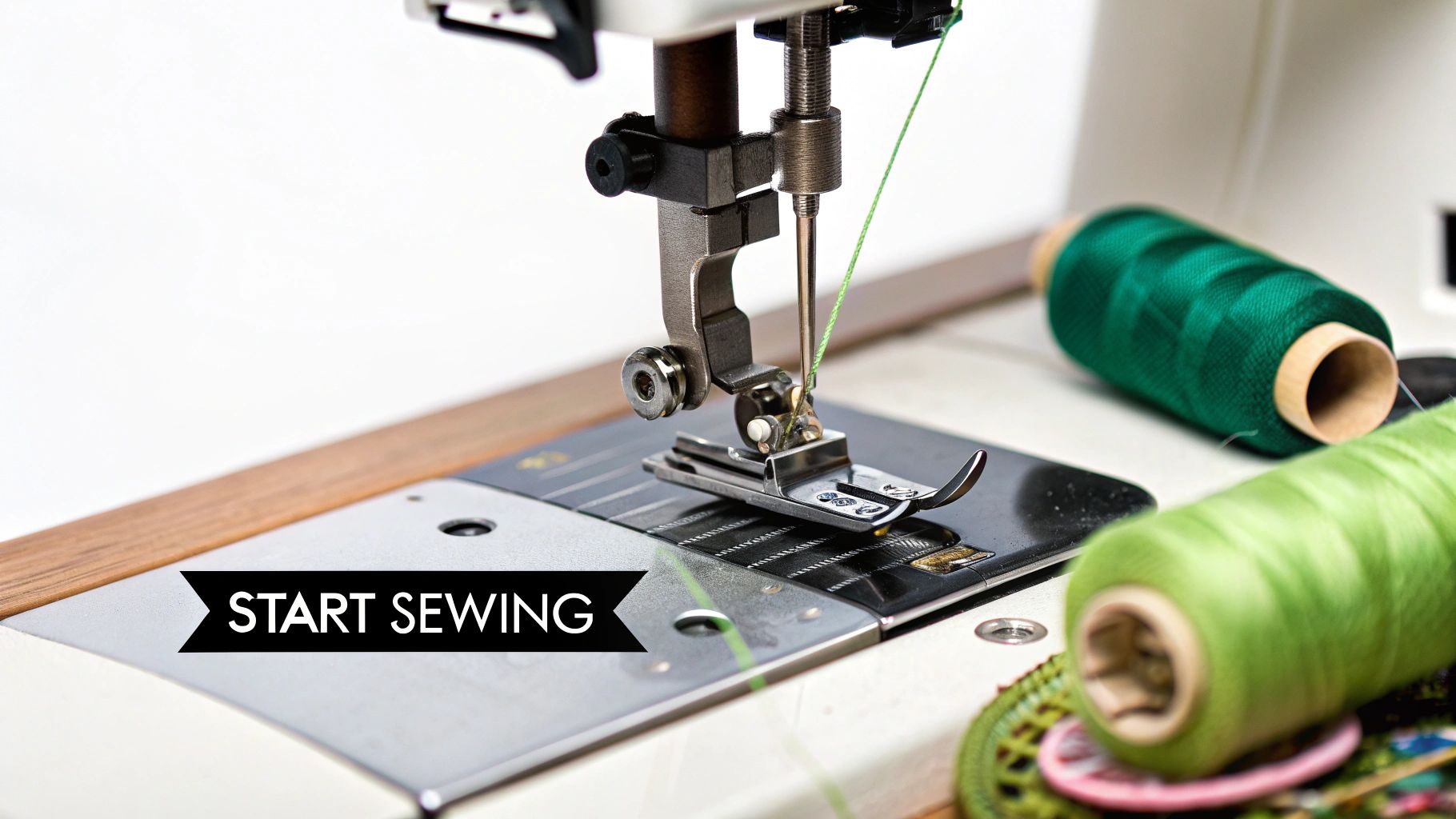A hand turning the handwheel of a sewing machine to bring up the bobbin thread.