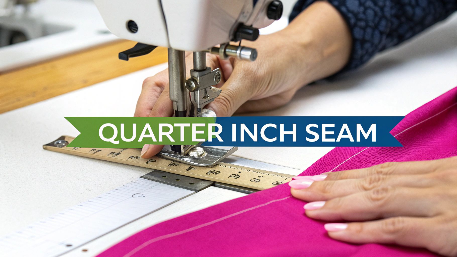 Hands guiding pink fabric under a sewing machine presser foot with a ruler for a quarter-inch seam.