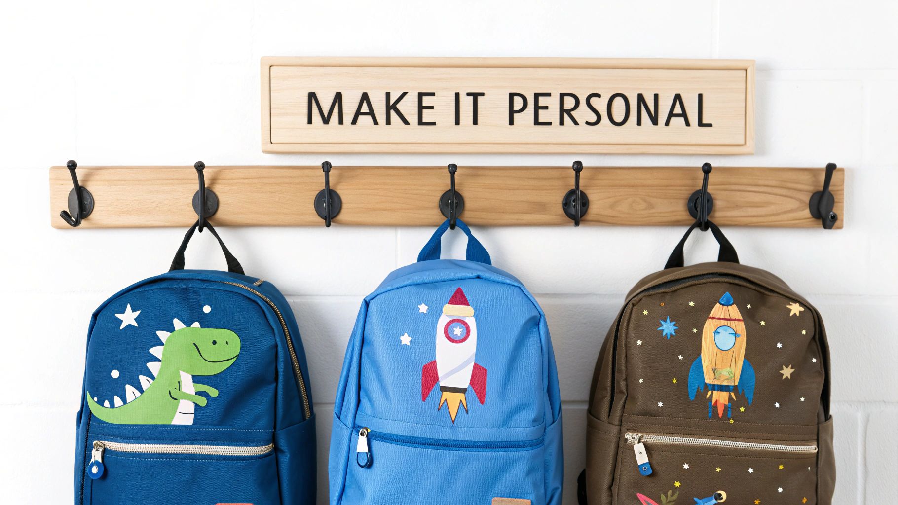 Three colorful personalized kids' backpacks featuring dinosaur and rocket designs on a wooden rack.