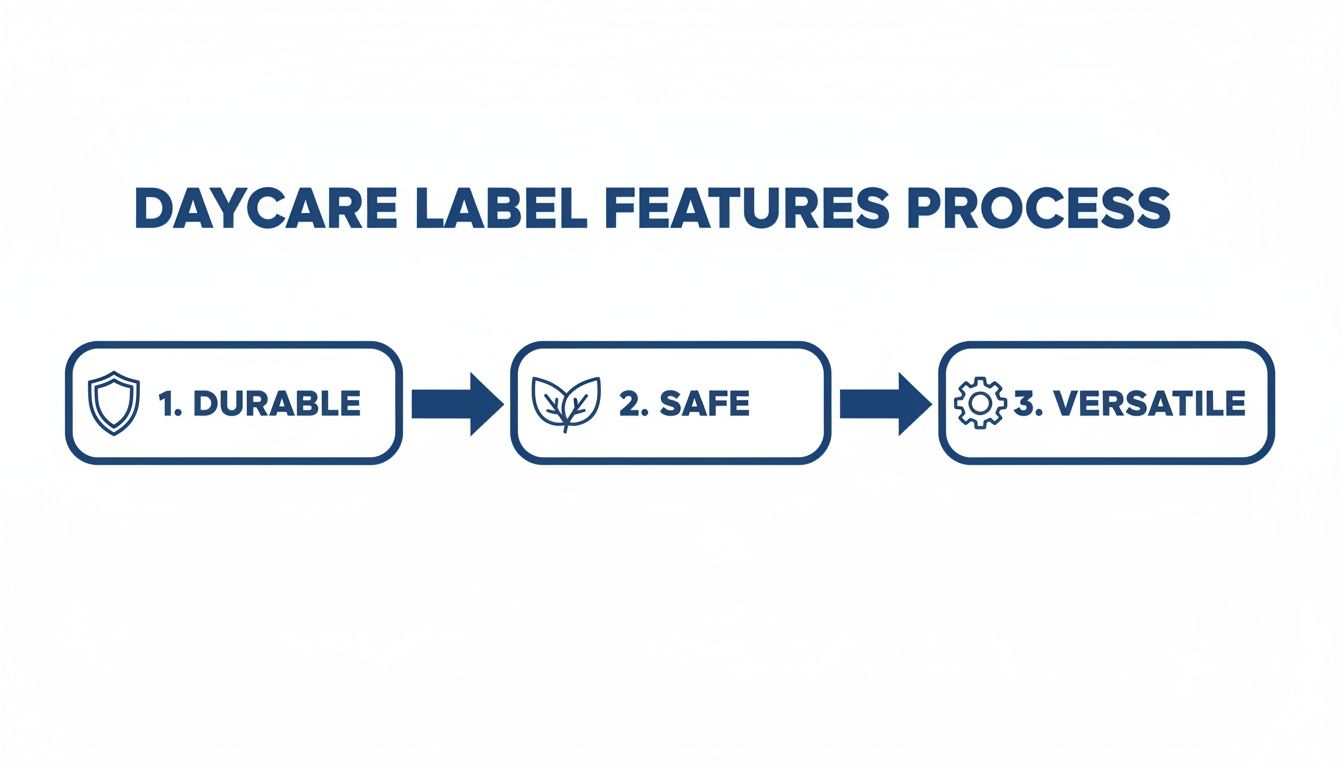 A process diagram illustrating key daycare label features: durable, safe, and versatile, shown with icons.