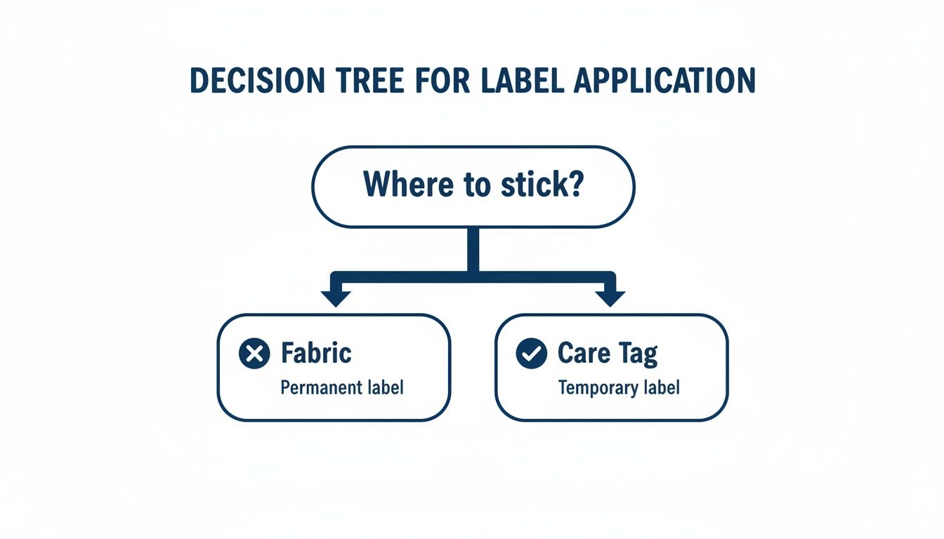 A decision tree diagram for label application, showing options to stick on fabric (permanent) or care tag (temporary).