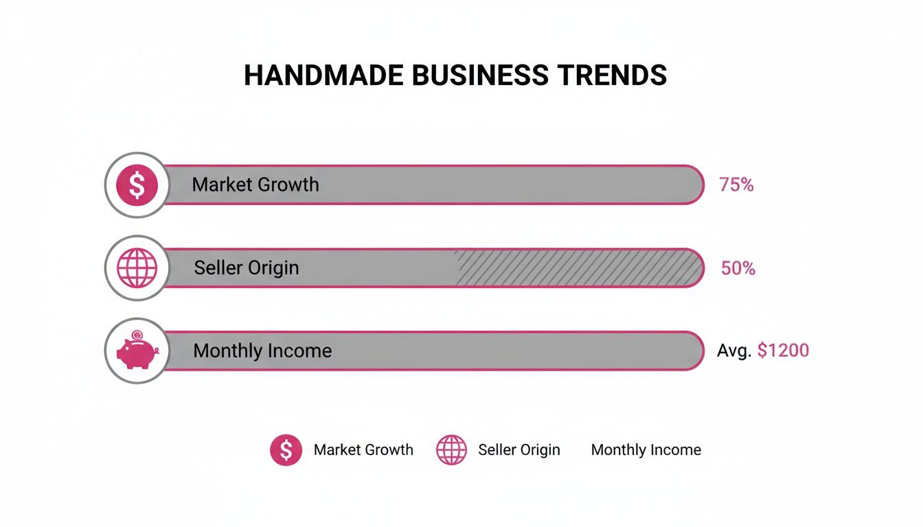 Infographic displaying handmade business trends: 75% market growth, 50% seller origin, and $1200 average monthly income.