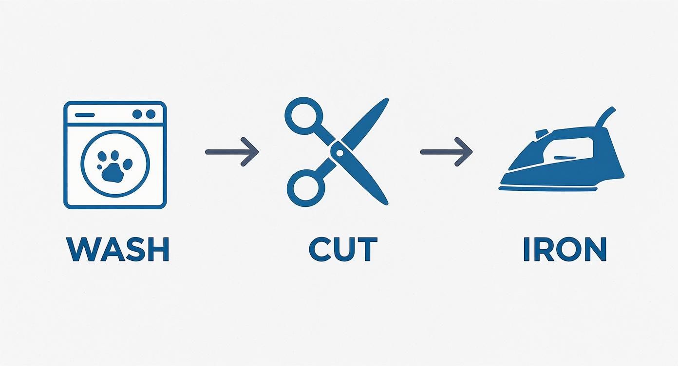 Visual guide showing the steps to wash, cut, and iron, illustrated with icons and arrows.