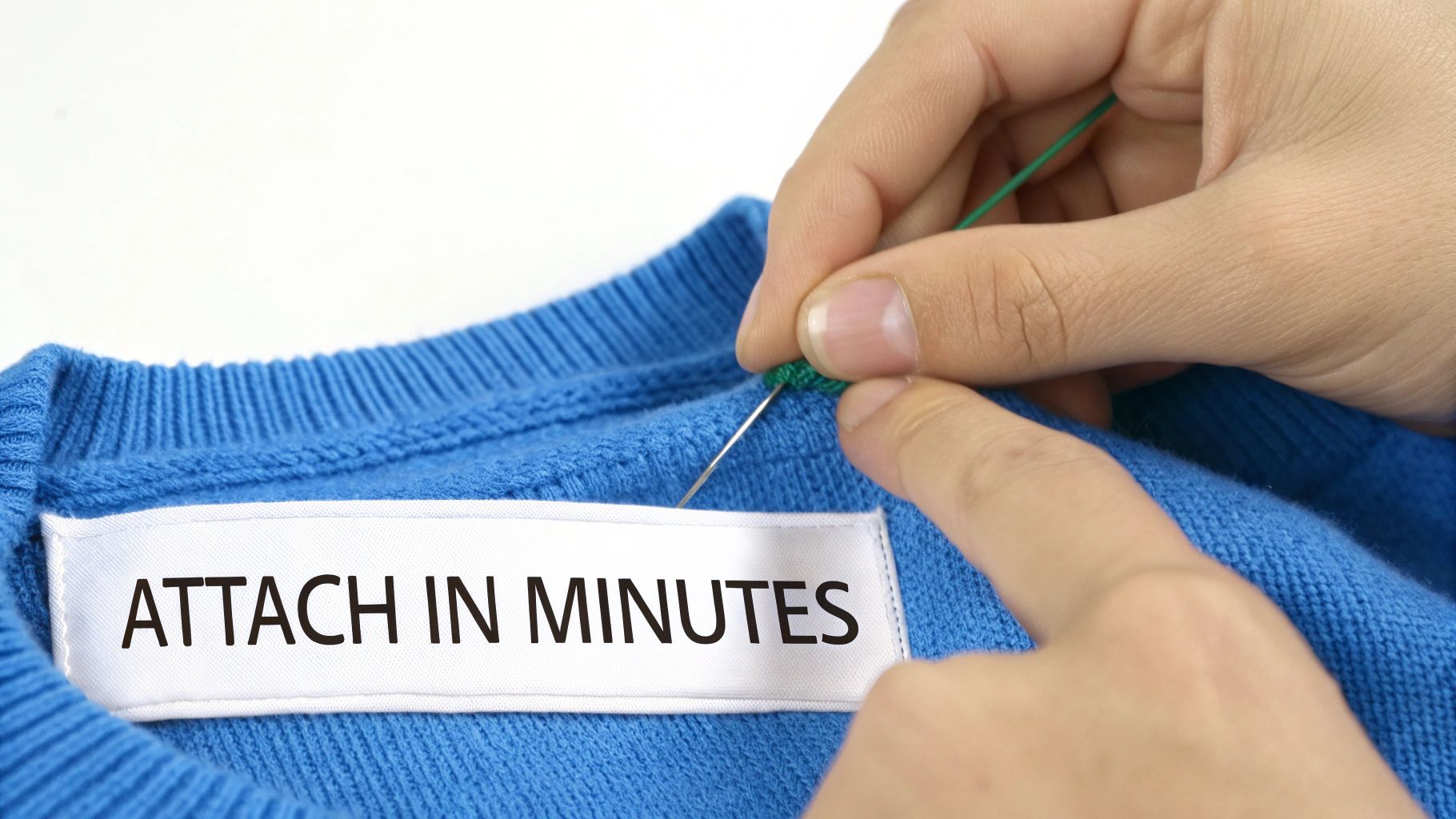 Hands sewing a white label reading 'ATTACH IN MINUTES' onto a blue knitted sweater.