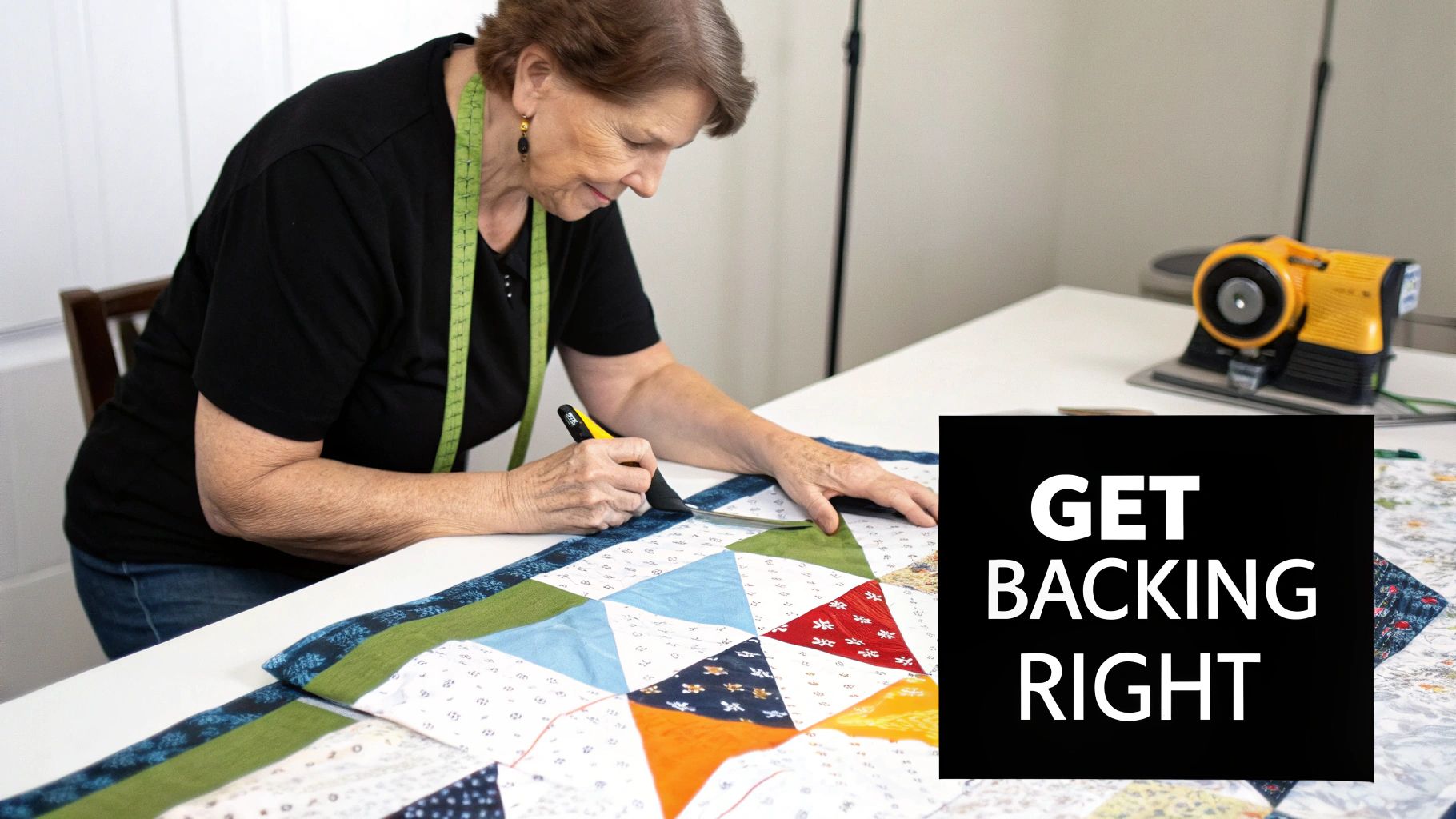 An older woman trims colorful fabric for a patchwork quilt on a white table.