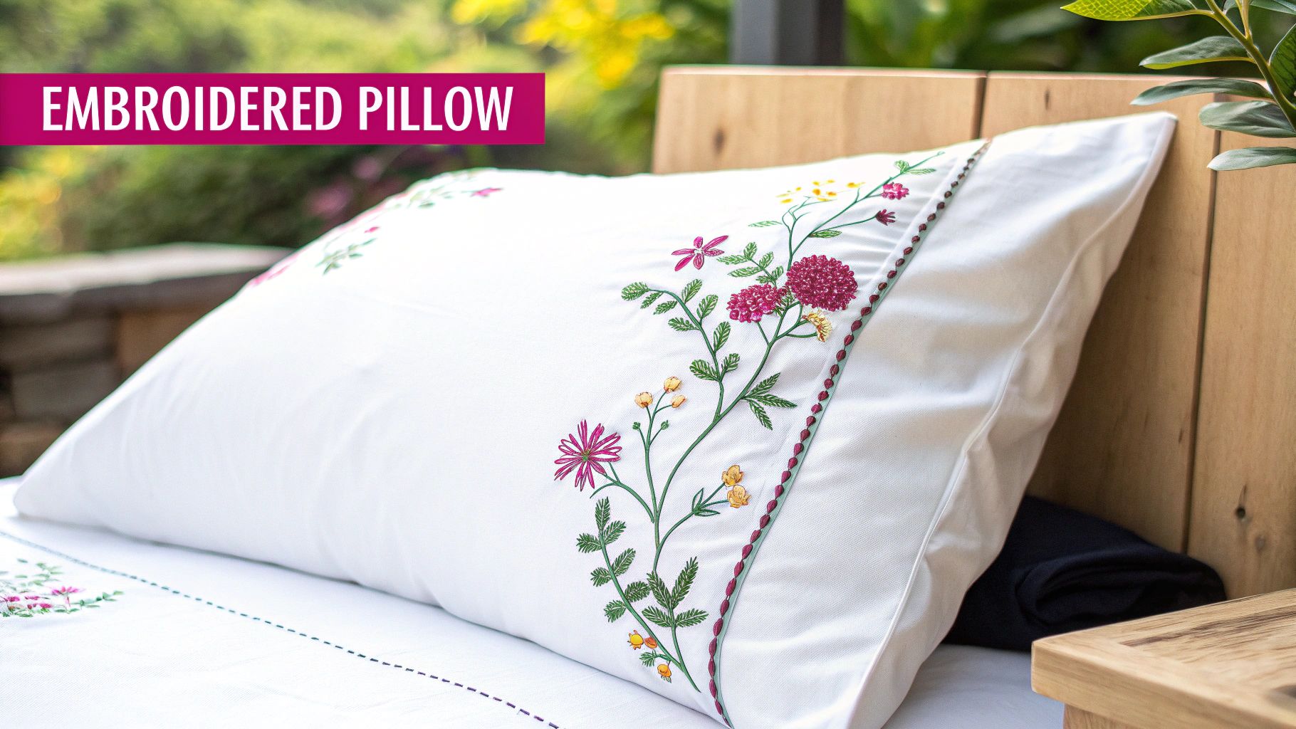 White embroidered pillow with colorful floral botanical design on outdoor garden bed