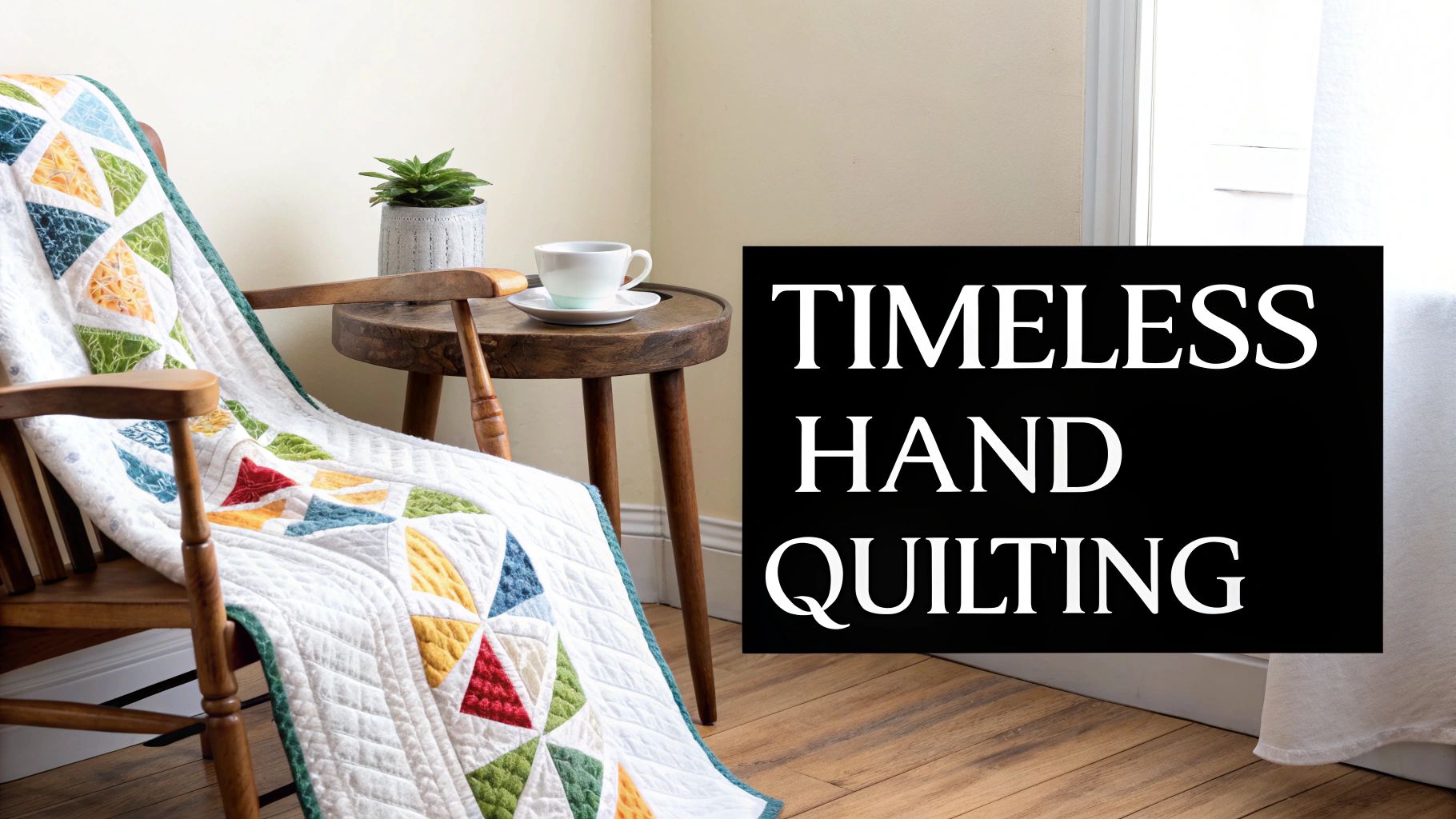 A colorful geometric quilted blanket draped over a wooden chair, next to a table with a plant and teacup.