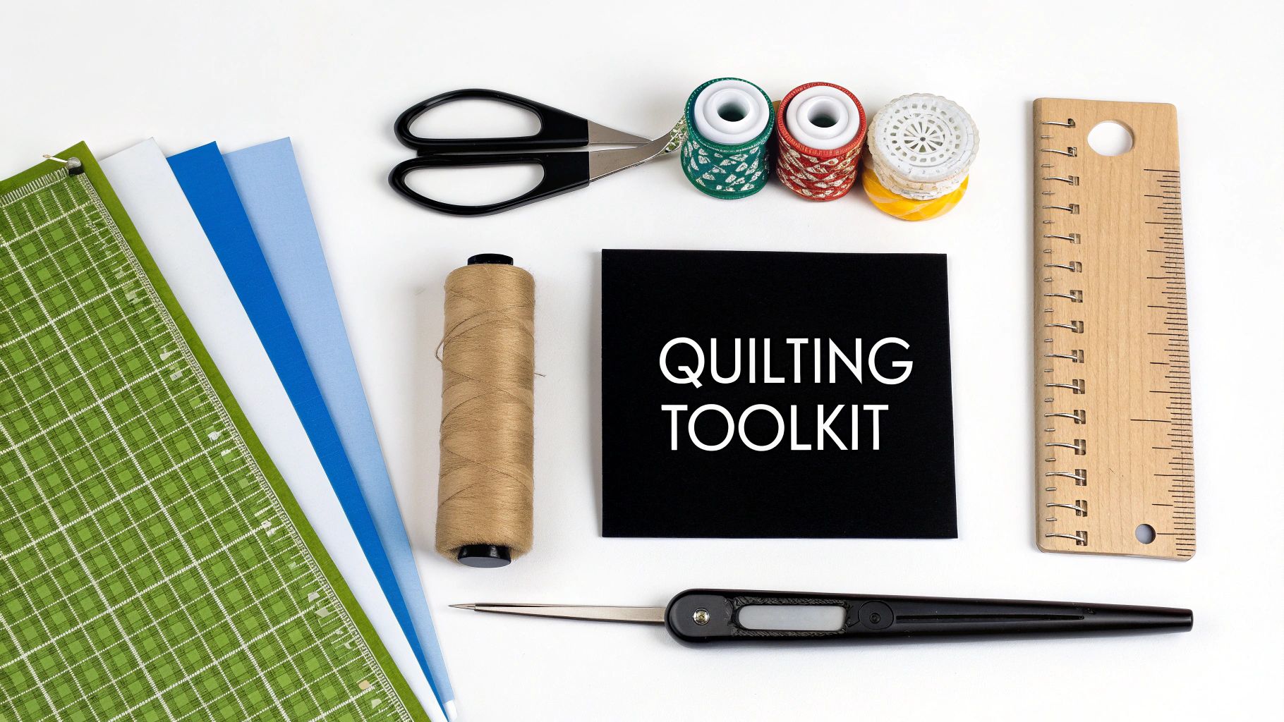 A flat lay of quilting tools including fabric strips, spools of thread, scissors, a ruler, and a cutting mat on a white background.