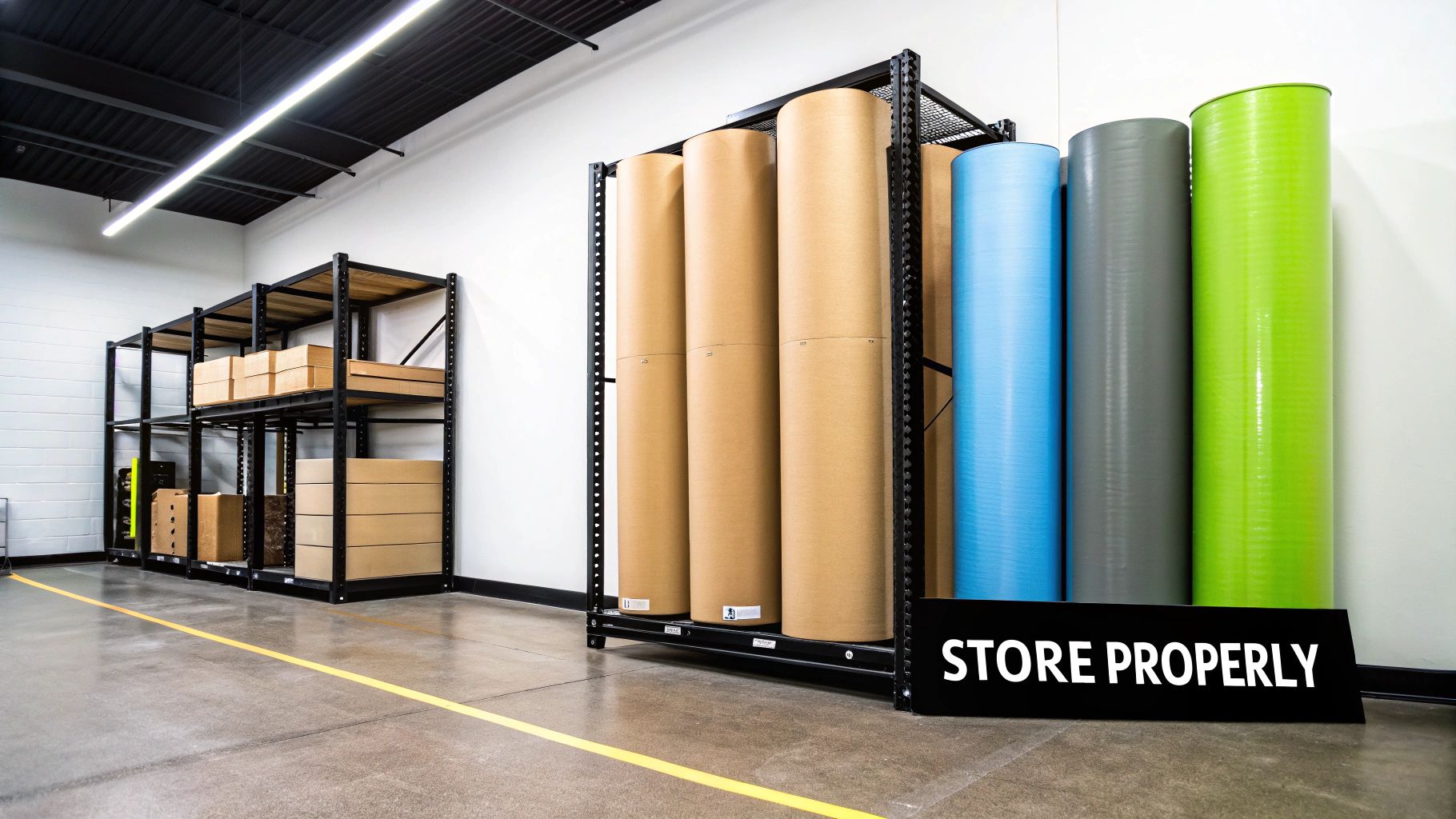 A warehouse storage area with large rolls of craft material on a rack and cardboard boxes on shelving, emphasizing proper storage.