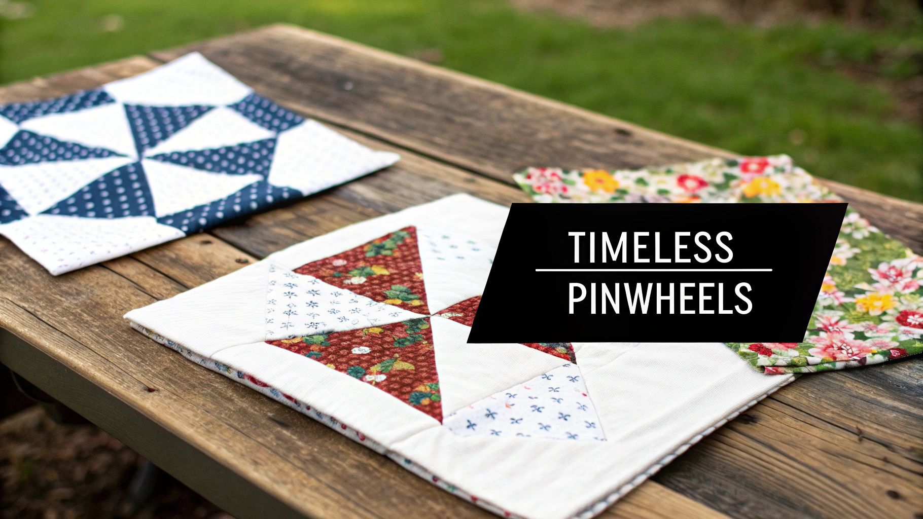 A modern pinwheel quilt with vibrant colors and intricate patterns