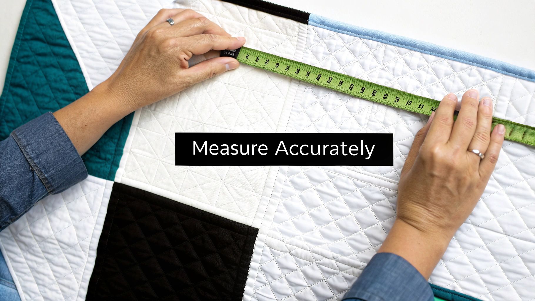 A quilter's hands using a measuring tape across a quilt top to ensure accurate border measurements.