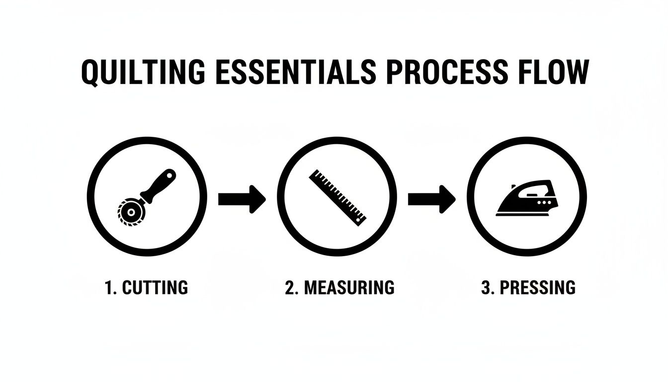 A quilting essentials process flow chart showing steps: cutting, measuring, and pressing with tool icons.