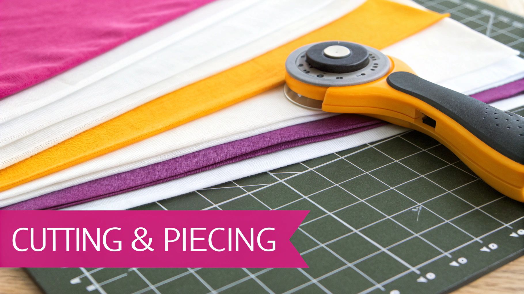 A quilter arranging finished Nine Patch quilt blocks on a large cutting mat, deciding on the final layout before adding sashing.