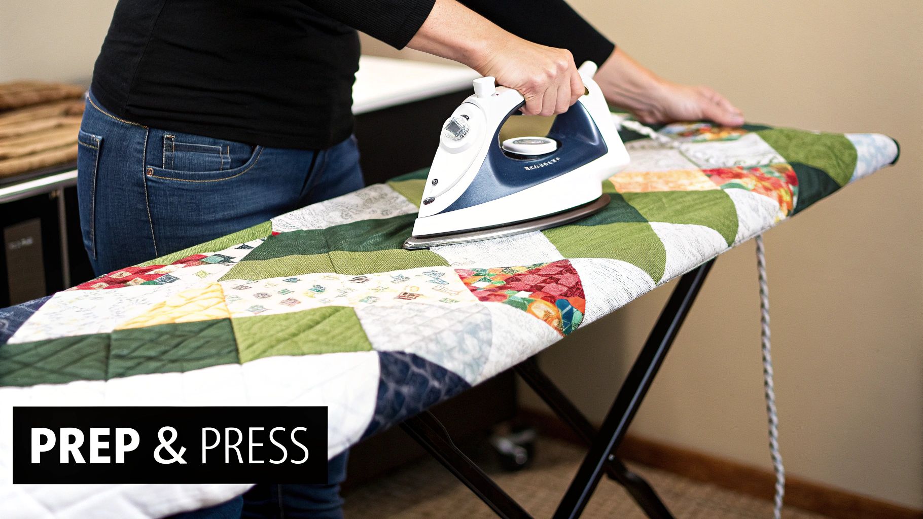 A person's hands iron a colorful patchwork quilt on an ironing board, demonstrating quilt preparation.