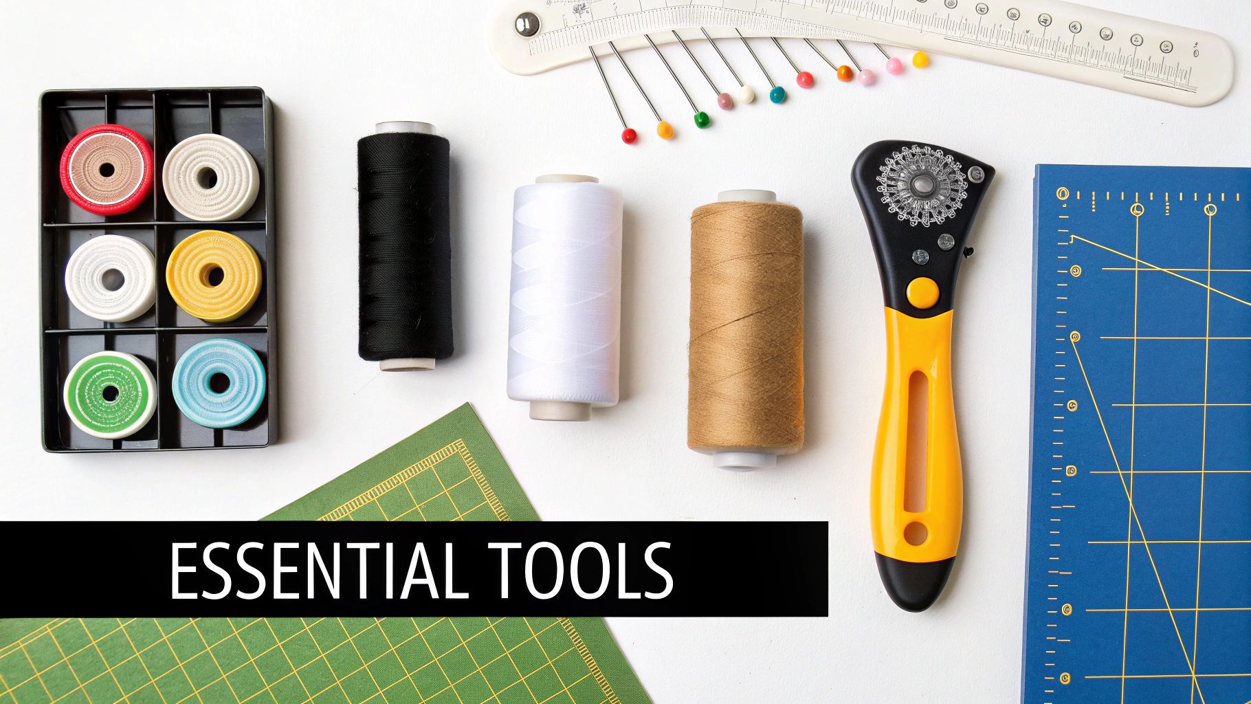 A close-up shot of various quilting tools including thread, needles, and a rotary cutter arranged on a wooden surface.