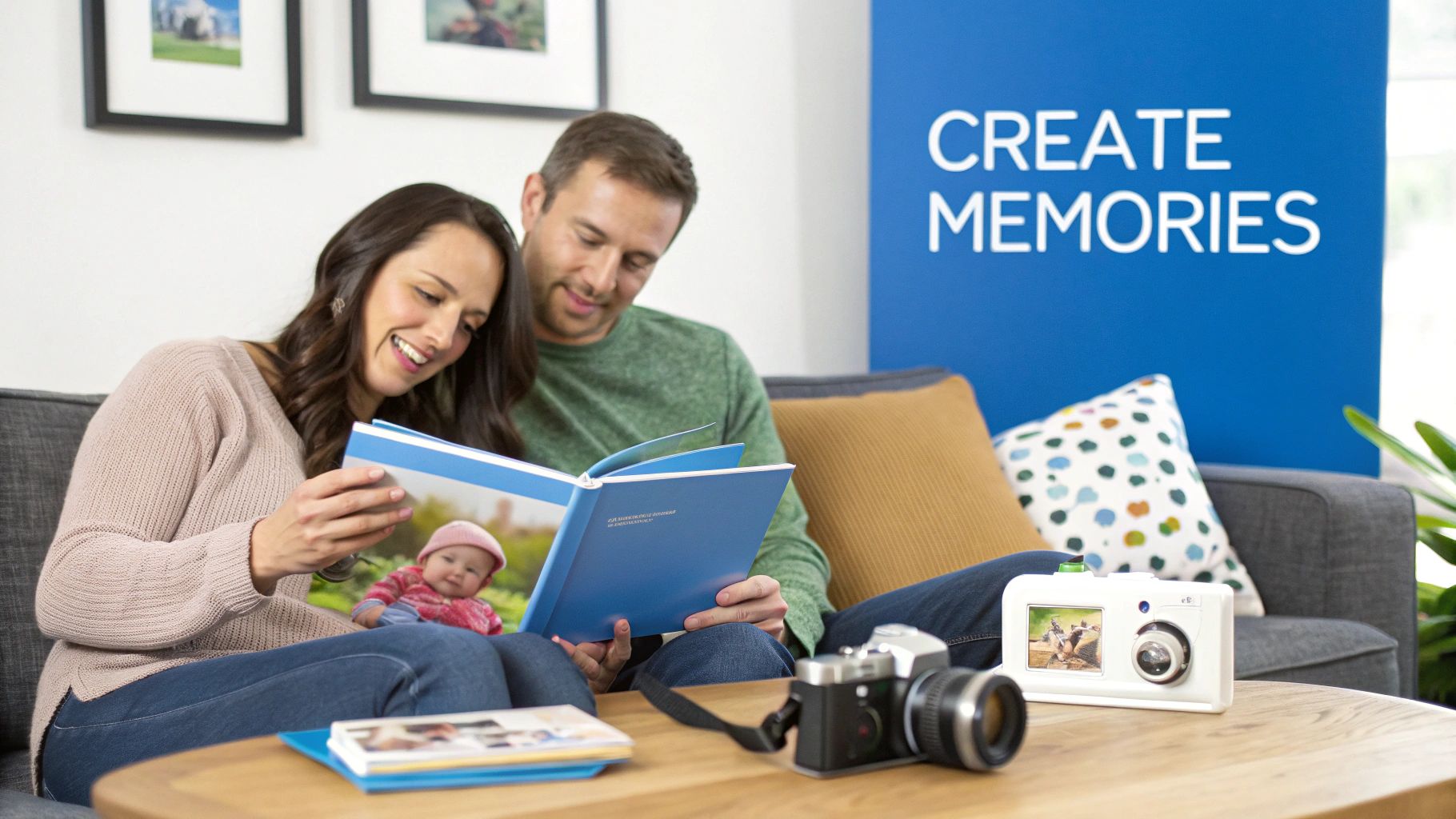 A happy couple smiling on a sofa, looking at a photo album with a baby's picture.