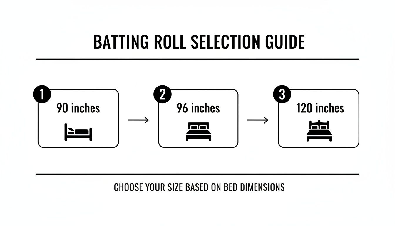Guide for choosing batting roll sizes based on bed dimensions: 90, 96, and 120 inches.